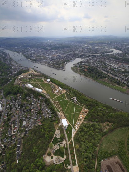 Aerial, Ehrenbreitstein Fortress, Moselle, Moselle estuary, Federal Garden Show 2011 - Koblenz transformed - 15 April to 16 October 2011, Koblenz, Federal Garden Show 2011, Rhineland-Palatinate, Germany, Europe, birds-eyes view, aerial photography, aerial, aerial photography, overview, overview, bird's-eye view, Deutsches Eck Blumenhof Kurfürstliches Schloss Ehrenbreitstein Fortress, horticulture, opening, garden show, gardener, landscape planning, Rhine