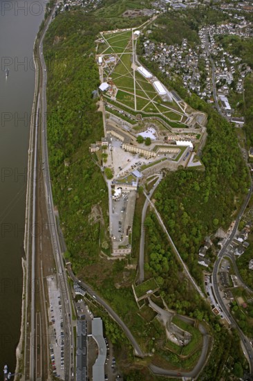 Aerial view, Ehrenbreitstein Fortress, Federal Garden Show 2011 - Koblenz Transforms - 15 April to 16 October 2011, Koblenz, Federal Garden Show 2011, Rhineland-Palatinate, Germany, Europe, birds-eyes view, aerial photography, aerial, aerial photography, overview, overview, bird's-eye view, Deutsches Eck Blumenhof Kurfürstliches Schloss Ehrenbreitstein Fortress, horticulture, opening, garden show, performance show, gardener, landscape planning, Rhine