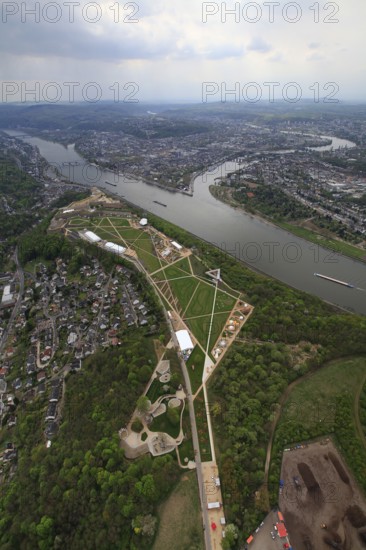 Aerial, Ehrenbreitstein Fortress, Moselle estuary Moselle, Federal Garden Show 2011 - Koblenz transformed - 15 April to 16 October 2011, Koblenz, Federal Garden Show 2011, Rhineland-Palatinate, Germany, Europe, birds-eyes view, aerial photography, aerial, aerial photography, overview, overview, bird's-eye view, Deutsches Eck Blumenhof Kurfürstliches Schloss Ehrenbreitstein Fortress, horticulture, opening, garden show, gardener, landscape planning, Rhine