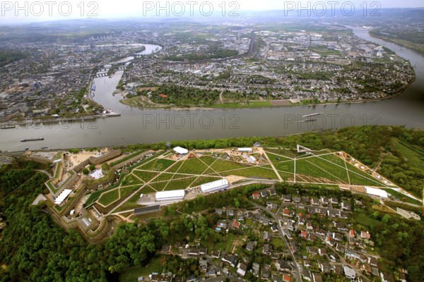 Aerial view, Ehrenbreitstein Fortress, Federal Garden Show 2011 - Koblenz Transforms - 15 April to 16 October 2011, Koblenz, Federal Garden Show 2011, Rhineland-Palatinate, Germany, Europe, birds-eyes view, aerial photography, aerial, aerial photography, overview, overview, bird's-eye view, Deutsches Eck Blumenhof Kurfürstliches Schloss Ehrenbreitstein Fortress, horticulture, opening, garden show, performance show, gardener, landscape planning, Rhine