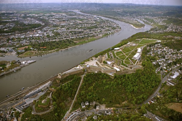 Aerial view, Ehrenbreitstein Fortress, Federal Garden Show 2011 - Koblenz Transforms - 15 April to 16 October 2011, Koblenz, Federal Garden Show 2011, Rhineland-Palatinate, Germany, Europe, birds-eyes view, aerial photography, aerial, aerial photography, overview, overview, bird's-eye view, Deutsches Eck Blumenhof Kurfürstliches Schloss Ehrenbreitstein Fortress, horticulture, opening, garden show, performance show, gardener, landscape planning, Rhine