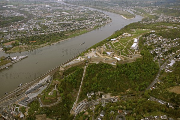 Aerial view, Ehrenbreitstein Fortress, Federal Garden Show 2011 - Koblenz Transforms - 15 April to 16 October 2011, Koblenz, Federal Garden Show 2011, Rhineland-Palatinate, Germany, Europe, birds-eyes view, aerial photography, aerial, aerial photography, overview, overview, bird's-eye view, Deutsches Eck Blumenhof Kurfürstliches Schloss Ehrenbreitstein Fortress, horticulture, opening, garden show, performance show, gardener, landscape planning, Rhine