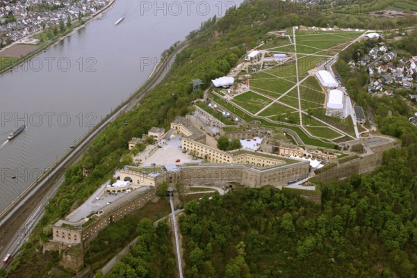 Aerial view, Ehrenbreitstein Fortress, Federal Garden Show 2011 - Koblenz Transforms - 15 April to 16 October 2011, Koblenz, Federal Garden Show 2011, Rhineland-Palatinate, Germany, Europe, birds-eyes view, aerial photography, aerial, aerial photography, overview, overview, bird's-eye view, Deutsches Eck Blumenhof Kurfürstliches Schloss Ehrenbreitstein Fortress, horticulture, opening, garden show, performance show, gardener, landscape planning, Rhine
