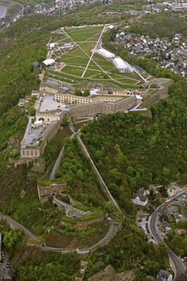 Aerial view, Ehrenbreitstein Fortress, Federal Garden Show 2011 - Koblenz Transforms - 15 April to 16 October 2011, Koblenz, Federal Garden Show 2011, Rhineland-Palatinate, Germany, Europe, birds-eyes view, aerial photography, aerial, aerial photography, overview, overview, bird's-eye view, Deutsches Eck Blumenhof Kurfürstliches Schloss Ehrenbreitstein Fortress, horticulture, opening, garden show, performance show, gardener, landscape planning, Rhine