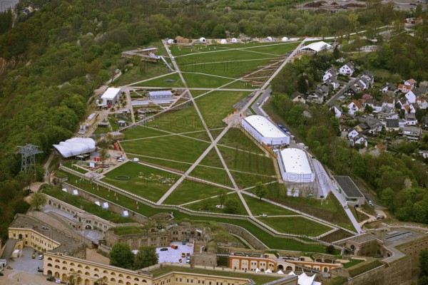 Aerial view, Ehrenbreitstein Fortress, Federal Garden Show 2011 - Koblenz Transforms - 15 April to 16 October 2011, Koblenz, Federal Garden Show 2011, Rhineland-Palatinate, Germany, Europe, birds-eyes view, aerial photography, aerial, aerial photography, overview, overview, bird's-eye view, Deutsches Eck Blumenhof Kurfürstliches Schloss Ehrenbreitstein Fortress, horticulture, opening, garden show, performance show, gardener, landscape planning, Rhine