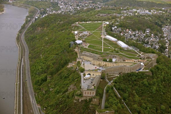 Aerial view, Ehrenbreitstein Fortress, Federal Garden Show 2011 - Koblenz Transforms - 15 April to 16 October 2011, Koblenz, Federal Garden Show 2011, Rhineland-Palatinate, Germany, Europe, birds-eyes view, aerial photography, aerial, aerial photography, overview, overview, bird's-eye view, Deutsches Eck Blumenhof Kurfürstliches Schloss Ehrenbreitstein Fortress, horticulture, opening, garden show, performance show, gardener, landscape planning, Rhine
