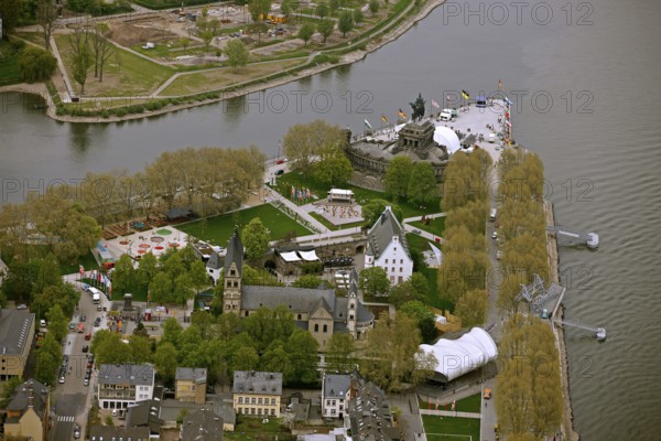 Aerial view, Deutsches Eck, Bundesgartenschau 2011 - Koblenz transforms - 15 April to 16 October 2011, Koblenz, Bundesgartenschau 2011, Rhineland-Palatinate, Germany, Europe, birds-eyes view, aerial photography, aerial, aerial photography, overview, overview, bird's eye view, Deutsches Eck Blumenhof Kurfürstliches Schloss Festung Ehrenbreitstein, horticulture, opening, garden show, performance show, gardener, landscape planning, Rhine