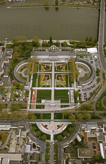 Aerial view, Federal Garden Show 2011 - Koblenz transformed - 15 April to 16 October 2011, Electoral Palace, Koblenz, Federal Garden Show 2011, Rhineland-Palatinate, Germany, Europe, birds-eyes view, aerial photography, aerial, aerial photography, overview, overview, bird's eye view, Deutsches Eck Blumenhof Electoral Palace Ehrenbreitstein Fortress, horticulture, opening, garden show, performance show, gardener, landscape planning, Rhine