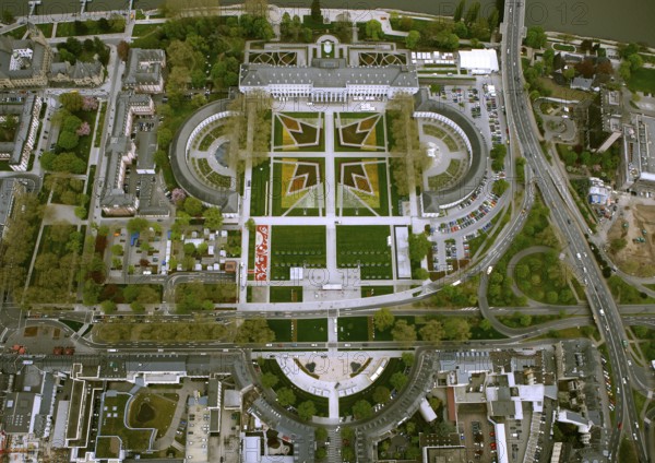 Aerial view, Federal Garden Show 2011 - Koblenz transformed - 15 April to 16 October 2011, Electoral Palace, Koblenz, Federal Garden Show 2011, Rhineland-Palatinate, Germany, Europe, birds-eyes view, aerial photography, aerial, aerial photography, overview, overview, bird's eye view, Deutsches Eck Blumenhof Electoral Palace Ehrenbreitstein Fortress, horticulture, opening, garden show, performance show, gardener, landscape planning, Rhine
