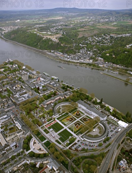 Aerial view, Federal Garden Show 2011 - Koblenz transformed - 15 April to 16 October 2011, Electoral Palace, Koblenz, Federal Garden Show 2011, Rhineland-Palatinate, Germany, Europe, birds-eyes view, aerial photography, aerial, aerial photography, overview, overview, bird's eye view, Deutsches Eck Blumenhof Electoral Palace Ehrenbreitstein Fortress, horticulture, opening, garden show, performance show, gardener, landscape planning, Rhine