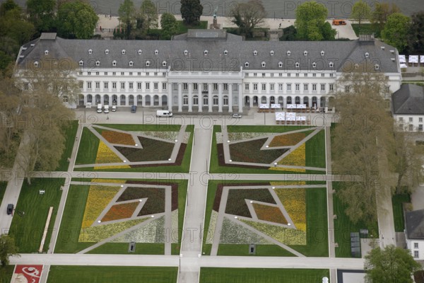 Aerial view, Federal Garden Show 2011 - Koblenz transformed - 15 April to 16 October 2011, Electoral Palace, Koblenz, Federal Garden Show 2011, Rhineland-Palatinate, Germany, Europe, birds-eyes view, aerial photography, aerial, aerial photography, overview, overview, bird's eye view, Deutsches Eck Blumenhof Electoral Palace Ehrenbreitstein Fortress, horticulture, opening, garden show, performance show, gardener, landscape planning, Rhine