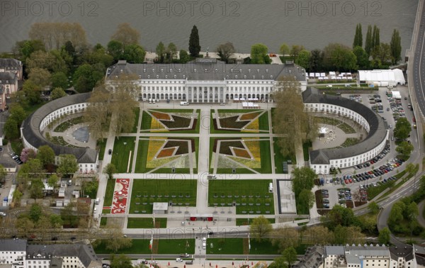Aerial view, Federal Garden Show 2011 - Koblenz transformed - 15 April to 16 October 2011, Electoral Palace, Koblenz, Federal Garden Show 2011, Rhineland-Palatinate, Germany, Europe, birds-eyes view, aerial photography, aerial, aerial photography, overview, overview, bird's eye view, Deutsches Eck Blumenhof Electoral Palace Ehrenbreitstein Fortress, horticulture, opening, garden show, performance show, gardener, landscape planning, Rhine