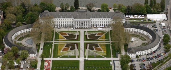 Aerial view, Federal Garden Show 2011 - Koblenz transformed - 15 April to 16 October 2011, Electoral Palace, Koblenz, Federal Garden Show 2011, Rhineland-Palatinate, Germany, Europe, birds-eyes view, aerial photography, aerial, aerial photography, overview, overview, bird's eye view, Deutsches Eck Blumenhof Electoral Palace Ehrenbreitstein Fortress, horticulture, opening, garden show, performance show, gardener, landscape planning, Rhine