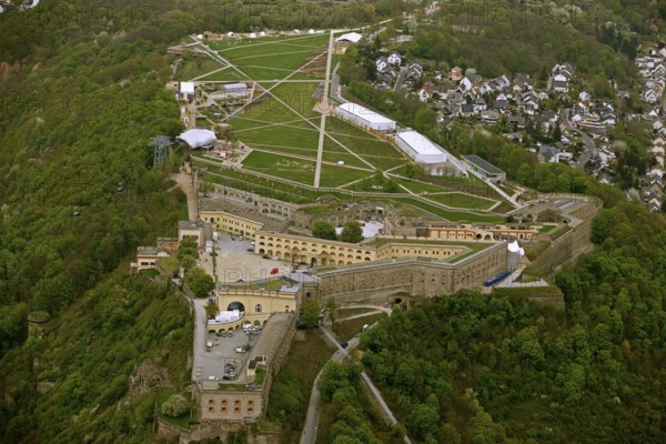 Aerial view, Ehrenbreitstein Fortress, Federal Garden Show 2011 - Koblenz Transforms - 15 April to 16 October 2011, Koblenz, Federal Garden Show 2011, Rhineland-Palatinate, Germany, Europe, birds-eyes view, aerial photography, aerial, aerial photography, overview, overview, bird's-eye view, Deutsches Eck Blumenhof Kurfürstliches Schloss Ehrenbreitstein Fortress, horticulture, opening, garden show, performance show, gardener, landscape planning, Rhine