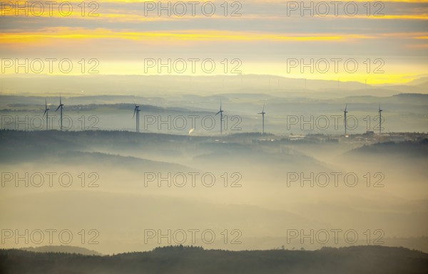 View from the Taunus over the Rhine Valley into the Hunsrück near Boppard, wind power plants on the heights, golden sky, Dachsenhausen, Rhine Valley, Rhineland-Palatinate, Germany, Europe, aerial view, birds-eyes view, aerial photography, aerial photography, overview, bird's eye view
