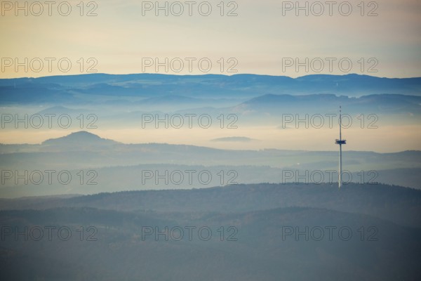 View from the Rhine valley to the heights of the Hunsrück with television tower of Koblenz, telecommunications tower, Oberbachheim, Hunsrück, Rhineland-Palatinate, Germany, Europe, aerial view, birds-eyes view, aerial photograph, aerial photography, aerial photography, overview, bird's eye view