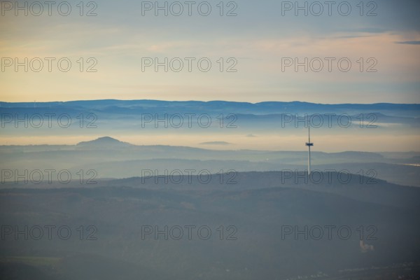 View from the Rhine valley to the heights of the Hunsrück with television tower of Koblenz, telecommunications tower, Oberbachheim, Hunsrück, Rhineland-Palatinate, Germany, Europe, aerial view, birds-eyes view, aerial photograph, aerial photography, aerial photography, overview, bird's eye view