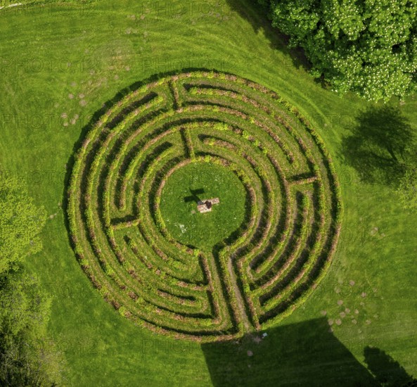Circle labyrinth at Steinfeld Monastery, monastery in Kall, Benedictine Abbey, Kall, Eifel, North Rhine-Westphalia, Germany, Europe, aerial view, birds-eyes view, aerial photograph, aerial photography, aerial photography, overview, bird's eye view