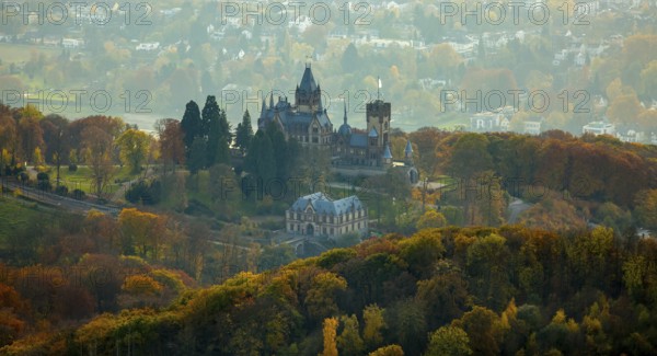 Drachenburg Castle in colourful autumn leaves, Rhine Valley, Königswinter, Siebengebierge between Königswinter and Bad Honnef, autumn leaves, North Rhine-Westphalia, Germany, Europe, aerial photo, birds-eyes view, aerial photograph, aerial photography, aerial photography, overview, bird's eye view