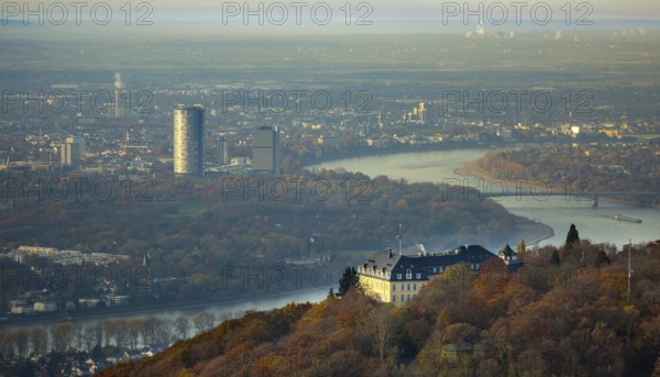 Bundesgästehaus Hotel Petersberg against the backdrop of Bonn, Königswinter, Siebengebierge between Königswinter and Bad Honnef, autumn leaves, North Rhine-Westphalia, Germany, Europe, aerial photo, birds-eyes view, aerial photography, aerial photography, overview, bird's eye view