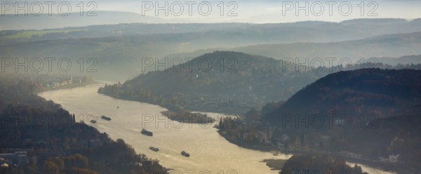 Rhine valley in the haze near Königswinter, Siebengebierge between Königswinter and Bad Honnef, autumn foliage, North Rhine-Westphalia, Germany, Königswinter, Europe, aerial view, birds-eyes view, aerial photography, aerial photography, overview, bird's eye view