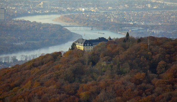 Bundesgästehaus Hotel Petersberg against the backdrop of Bonn, Königswinter, Siebengebierge between Königswinter and Bad Honnef, autumn leaves, North Rhine-Westphalia, Germany, Europe, aerial photo, birds-eyes view, aerial photography, aerial photography, overview, bird's eye view