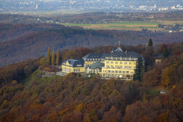 Bundesgästehaus Hotel Petersberg against the backdrop of Bonn, Königswinter, Siebengebierge between Königswinter and Bad Honnef, autumn leaves, North Rhine-Westphalia, Germany, Europe, aerial photo, birds-eyes view, aerial photography, aerial photography, overview, bird's eye view