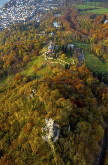 Castle ruins Drachenfels and Schloss Drachenburg, Bad Honnef, Siebengebierge between Königswinter and Bad Honnef, autumn leaves, North Rhine-Westphalia, Germany, Europe, aerial view, birds-eyes view, aerial photography, aerial photography, overview, bird's eye view