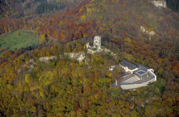 Castle ruins Drachenfels with plateau and glass cube, Bad Honnef, Siebengebierge between Königswinter and Bad Honnef, autumn foliage, North Rhine-Westphalia, Germany, Europe, aerial view, birds-eyes view, aerial photography, aerial photography, overview, bird's eye view