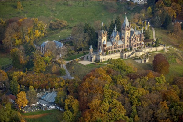 Drachenburg Castle in colourful autumn leaves, Rhine Valley, Königswinter, Siebengebierge between Königswinter and Bad Honnef, autumn leaves, North Rhine-Westphalia, Germany, Europe, aerial photo, birds-eyes view, aerial photograph, aerial photography, aerial photography, overview, bird's eye view