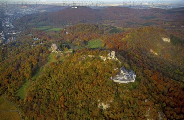 Drachenfels castle ruins with plateau and glass cube, Drachenburg castle in the background, Bad Honnef, Siebengebierge between Königswinter and Bad Honnef, autumn foliage, North Rhine-Westphalia, Germany, Europe, aerial view, birds-eyes view, aerial photography, aerial photography, overview, bird's eye view
