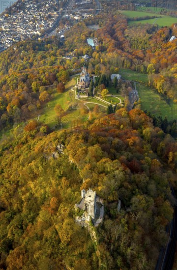 Castle ruins Drachenfels and Schloss Drachenburg, Bad Honnef, Siebengebierge between Königswinter and Bad Honnef, autumn leaves, North Rhine-Westphalia, Germany, Europe, aerial view, birds-eyes view, aerial photography, aerial photography, overview, bird's eye view