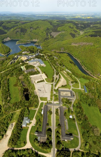 Former Nazi Ordensburg Vogelsang, a building complex erected by the National Socialists on Mount Erpenscheid (1) near Gemünd Eifel above the Urft Dam, Camp Vogelsang former barracks of the Belgian armed forces, Schleiden, Eifel, North Rhine-Westphalia, Germany, Europe, aerial view, birds-eyes view, aerial photography, aerial photography, overview, bird's eye view