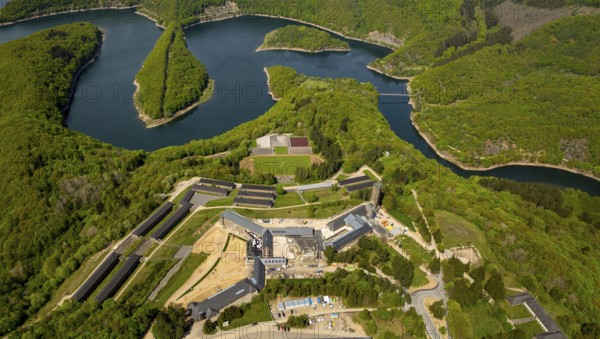 Former Nazi Ordensburg Vogelsang, a building complex erected by the National Socialists on Mount Erpenscheid (1) near Gemünd Eifel above the Urft Dam, Camp Vogelsang former barracks of the Belgian armed forces, Schleiden, Eifel, North Rhine-Westphalia, Germany, Europe, aerial view, birds-eyes view, aerial photography, aerial photography, overview, bird's eye view