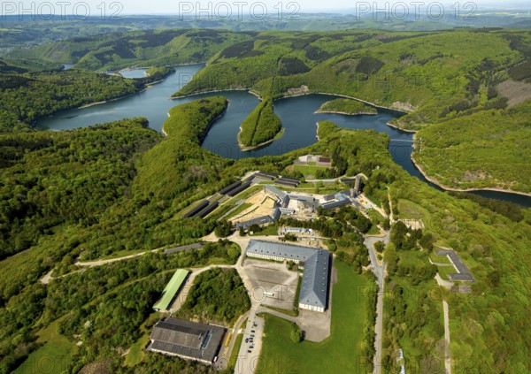 Former Nazi Ordensburg Vogelsang, a building complex erected by the National Socialists on Mount Erpenscheid (1) near Gemünd Eifel above the Urft Dam, Camp Vogelsang former barracks of the Belgian armed forces, Schleiden, Eifel, North Rhine-Westphalia, Germany, Europe, aerial view, birds-eyes view, aerial photography, aerial photography, overview, bird's eye view