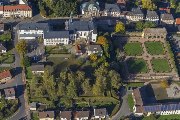 Castle Church, Orangery Long Building with remains of the castle complex, Blieskastel, Saarland, Germany, Europe, aerial view, birds-eyes view, aerial photography, aerial photography, overview, overview, bird's eye view