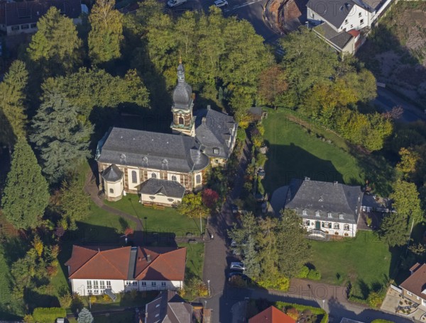 Neo-baroque protestant churchBlieskastel, architect Ludwig Wagner baroque style, Blieskastel, Saarland, Germany, Europe, aerial view, birds-eyes view, aerial photography, aerial photography, overview, bird's eye view