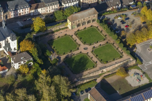 Orangery Lange Bau with remains of the castle, Blieskastel, Saarland, Germany, Europe, aerial view, birds-eyes view, aerial photography, aerial photography, overview, overview, bird's eye view