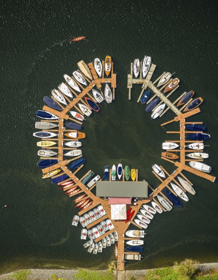Sailing boats, sailing boat jetty near the dam wall, Rurstausee, Rurtalsperre Schwammenauel second largest reservoir in Germany, Heimbach, Eifel, North Rhine-Westphalia, Germany, Europe, aerial view, birds-eyes view, aerial photography, aerial photography, overview, bird's eye view