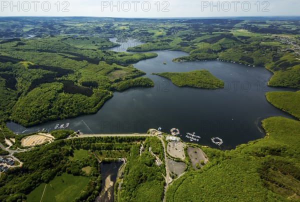 Sailing boat jetty near the dam wall, Rurstausee, Rurtalsperre Schwammenauel second largest reservoir in Germany, Heimbach, Eifel, North Rhine-Westphalia, Germany, Europe, aerial view, birds-eyes view, aerial photography, aerial photography, overview, bird's eye view