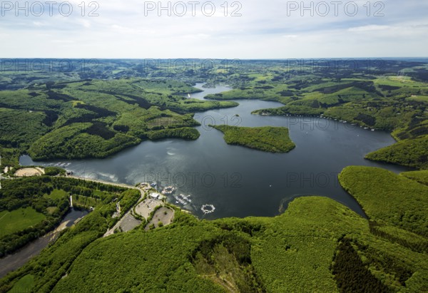 Sailing boat jetty near the dam wall, Rurstausee, Rurtalsperre Schwammenauel second largest reservoir in Germany, Heimbach, Eifel, North Rhine-Westphalia, Germany, Europe, aerial view, birds-eyes view, aerial photography, aerial photography, overview, bird's eye view