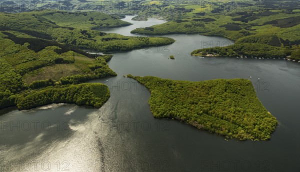 Rurstausee, Rurtalsperre Schwammenauel second largest reservoir in Germany, Heimbach, Eifel, North Rhine-Westphalia, Germany, Europe, aerial photo, birds-eyes view, aerial photography, aerial photography, overview, overview, bird's eye view