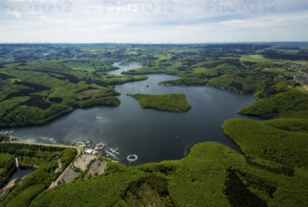 Sailing boat jetty near the dam wall, Rurstausee, Rurtalsperre Schwammenauel second largest reservoir in Germany, Heimbach, Eifel, North Rhine-Westphalia, Germany, Europe, aerial view, birds-eyes view, aerial photography, aerial photography, overview, bird's eye view