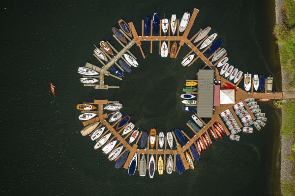 Sailing boats, sailing boat jetty near the dam wall, Rurstausee, Rurtalsperre Schwammenauel second largest reservoir in Germany, Heimbach, Eifel, North Rhine-Westphalia, Germany, Europe, aerial view, birds-eyes view, aerial photography, aerial photography, overview, bird's eye view