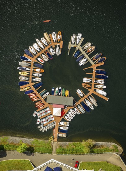 Sailing boats, sailing boat jetty near the dam wall, Rurstausee, Rurtalsperre Schwammenauel second largest reservoir in Germany, Heimbach, Eifel, North Rhine-Westphalia, Germany, Europe, aerial view, birds-eyes view, aerial photography, aerial photography, overview, bird's eye view