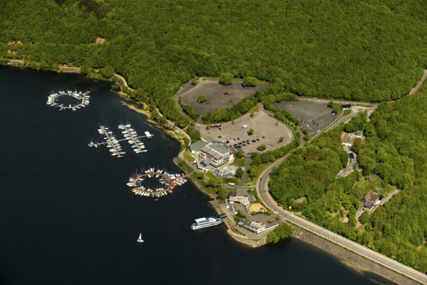 Sailing boat jetty near the dam wall, Rurstausee, Rurtalsperre Schwammenauel second largest reservoir in Germany, Heimbach, Eifel, North Rhine-Westphalia, Germany, Europe, aerial view, birds-eyes view, aerial photography, aerial photography, overview, bird's eye view