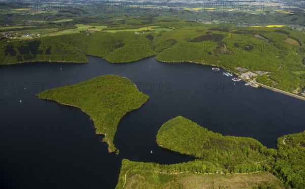Rurstausee, Rurtalsperre Schwammenauel second largest reservoir in Germany, Heimbach, Eifel, North Rhine-Westphalia, Germany, Europe, aerial photo, birds-eyes view, aerial photography, aerial photography, overview, overview, bird's eye view