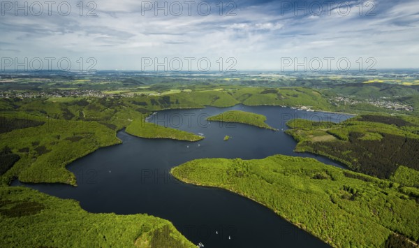 Rurstausee, Rurtalsperre Schwammenauel second largest reservoir in Germany, Heimbach, Eifel, North Rhine-Westphalia, Germany, Europe, aerial photo, birds-eyes view, aerial photography, aerial photography, overview, overview, bird's eye view
