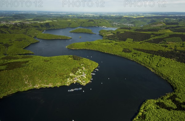 Rurstausee, Rurtalsperre Schwammenauel second largest reservoir in Germany, Simmerath, Eifel, North Rhine-Westphalia, Germany, Europe, aerial view, birds-eyes view, aerial photography, aerial photography, aerial photography, overview, bird's eye view
