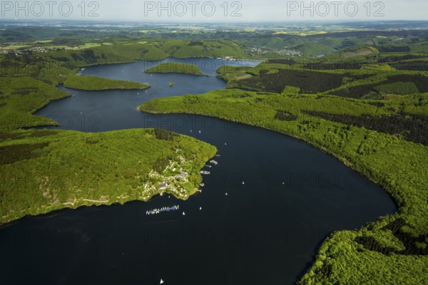 Rurstausee, Rurtalsperre Schwammenauel second largest reservoir in Germany, Simmerath, Eifel, North Rhine-Westphalia, Germany, Europe, aerial view, birds-eyes view, aerial photography, aerial photography, aerial photography, overview, bird's eye view